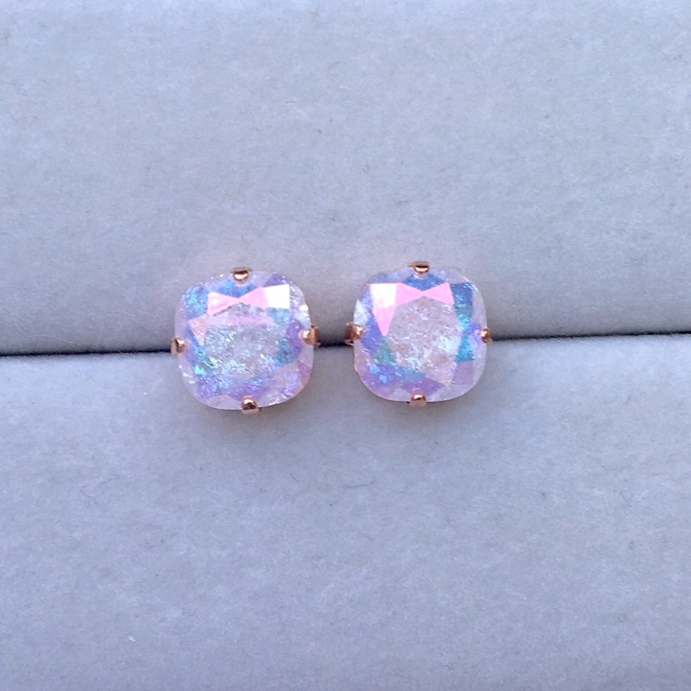 Aurora Borealis Pink Ice + Rose Gold Cushion Cut Crystal Earrings - Picture 4 of 10